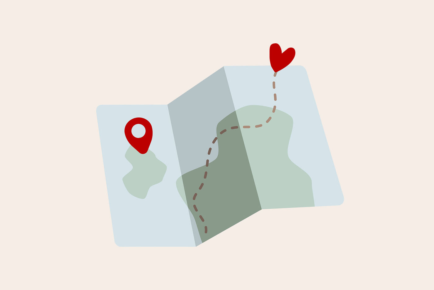 Folleto estilizado con mapa y ruta hacia un corazón. Marca roja como punto de inicio.