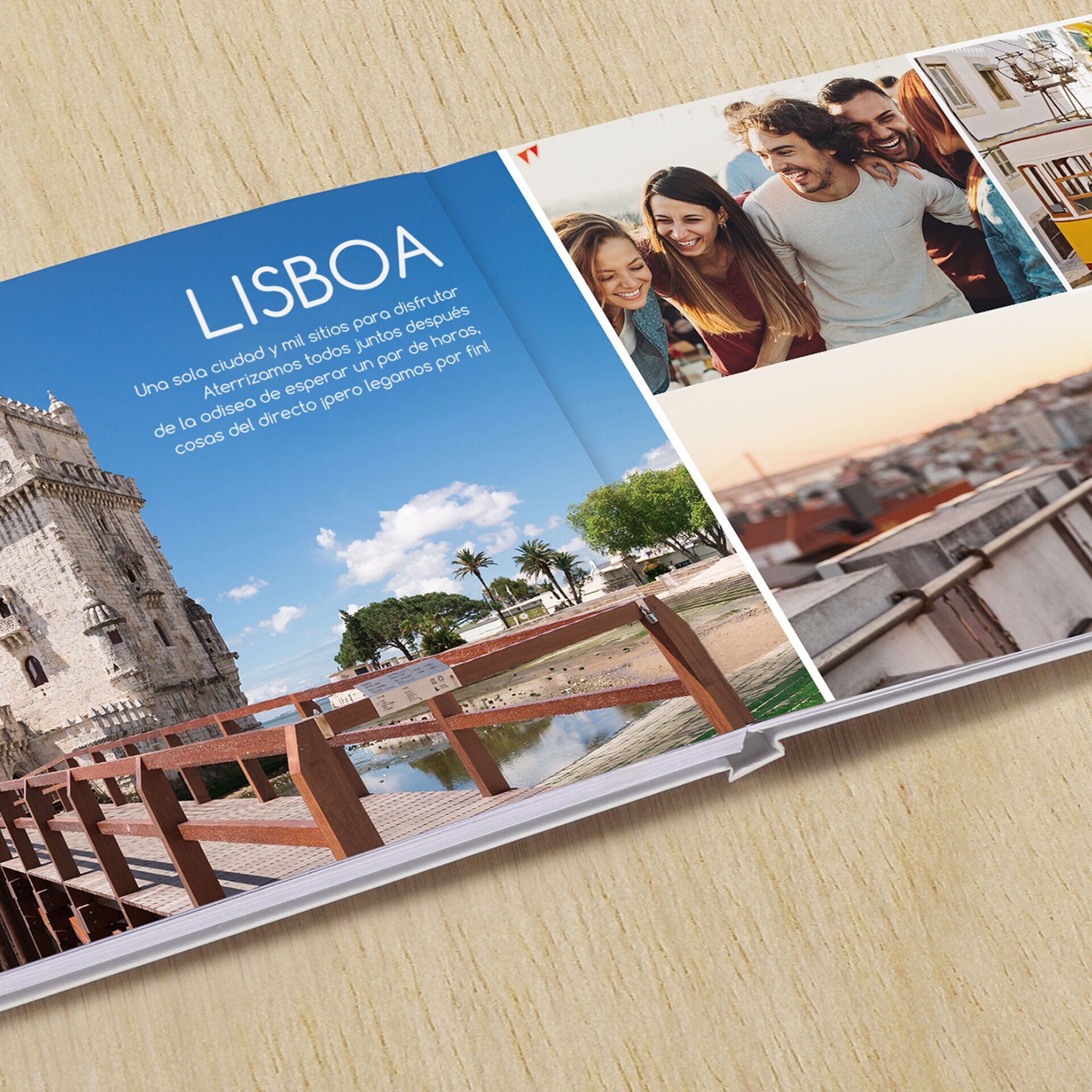 Un álbum de fotos abierto muestra recuerdos hermosos de Lisboa, con imágenes variadas y páginas atractivas.