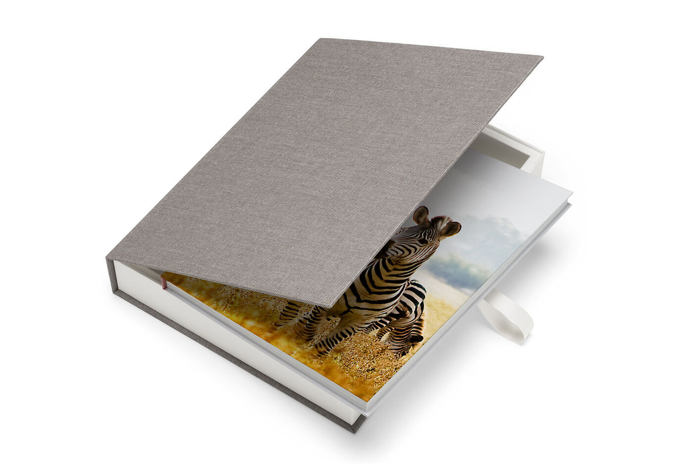 Un CEWE Fotobuch abierto con una cebra en la primera página en un ambiente acogedor.
