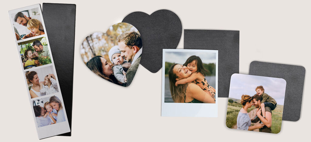 imanes personalizados con fotos: cuadrados, corazón y tiras de fotos.