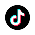 Alt text:      Logo de TikTok: ícono circular de fondo negro con una nota musical estilizada en blanco, con detalles en color cian y rojo