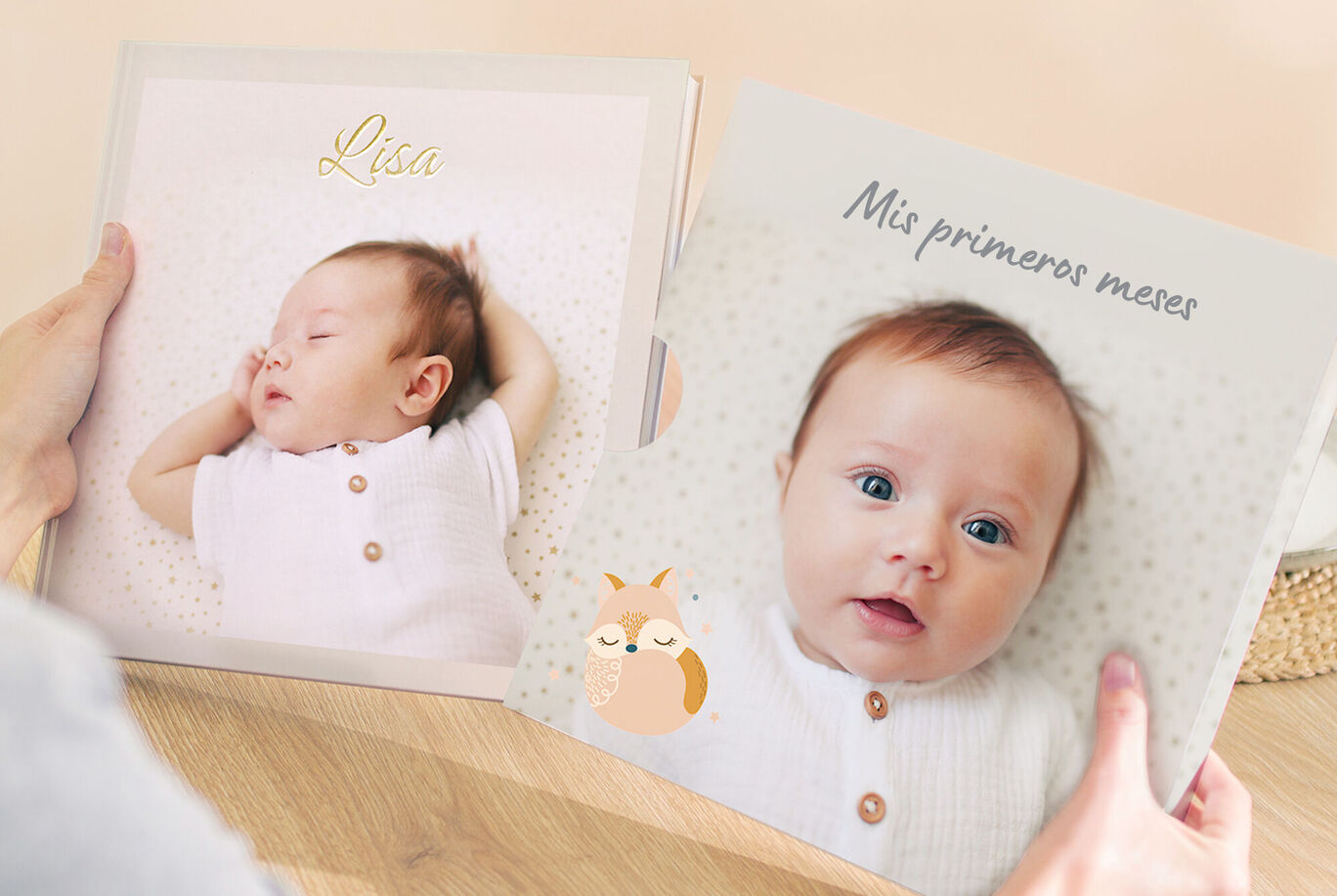 Dos hermosos álbumes personalizados son sostenidos. Uno lleva el nombre "Lisa" y el otro "Mis primeros meses".
