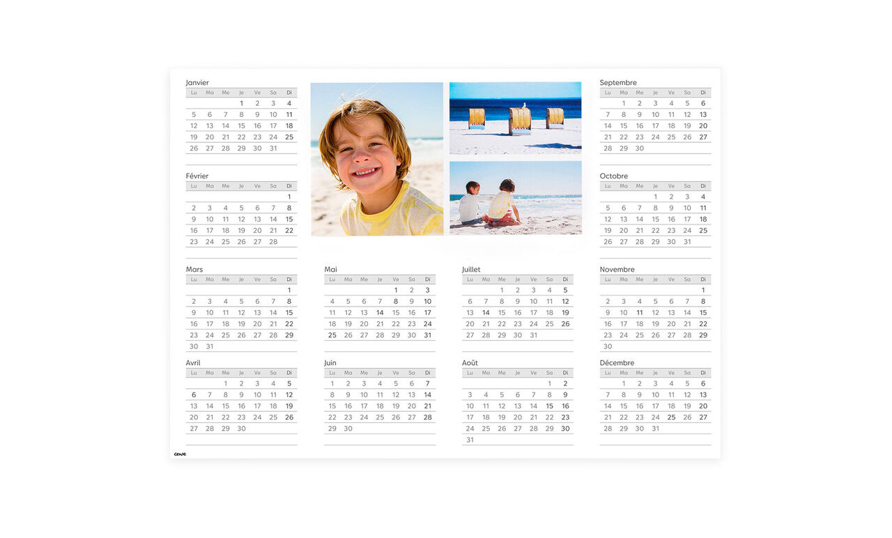 Un hermoso calendario CEWE con fotos de vacaciones, mostrando recuerdos de días soleados en la playa.
