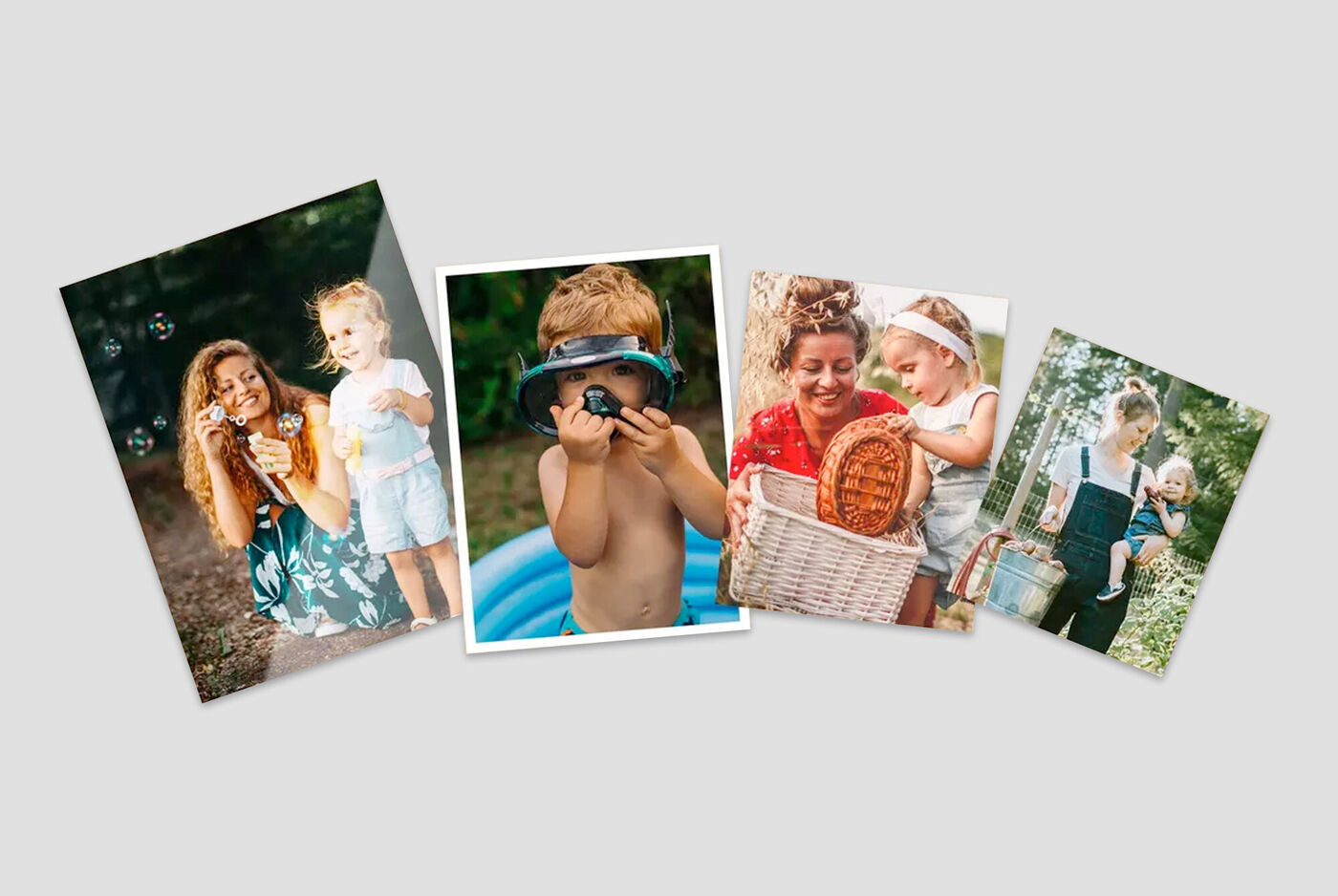 Cuatro fotos alegres de niños al aire libre divirtiéndose.