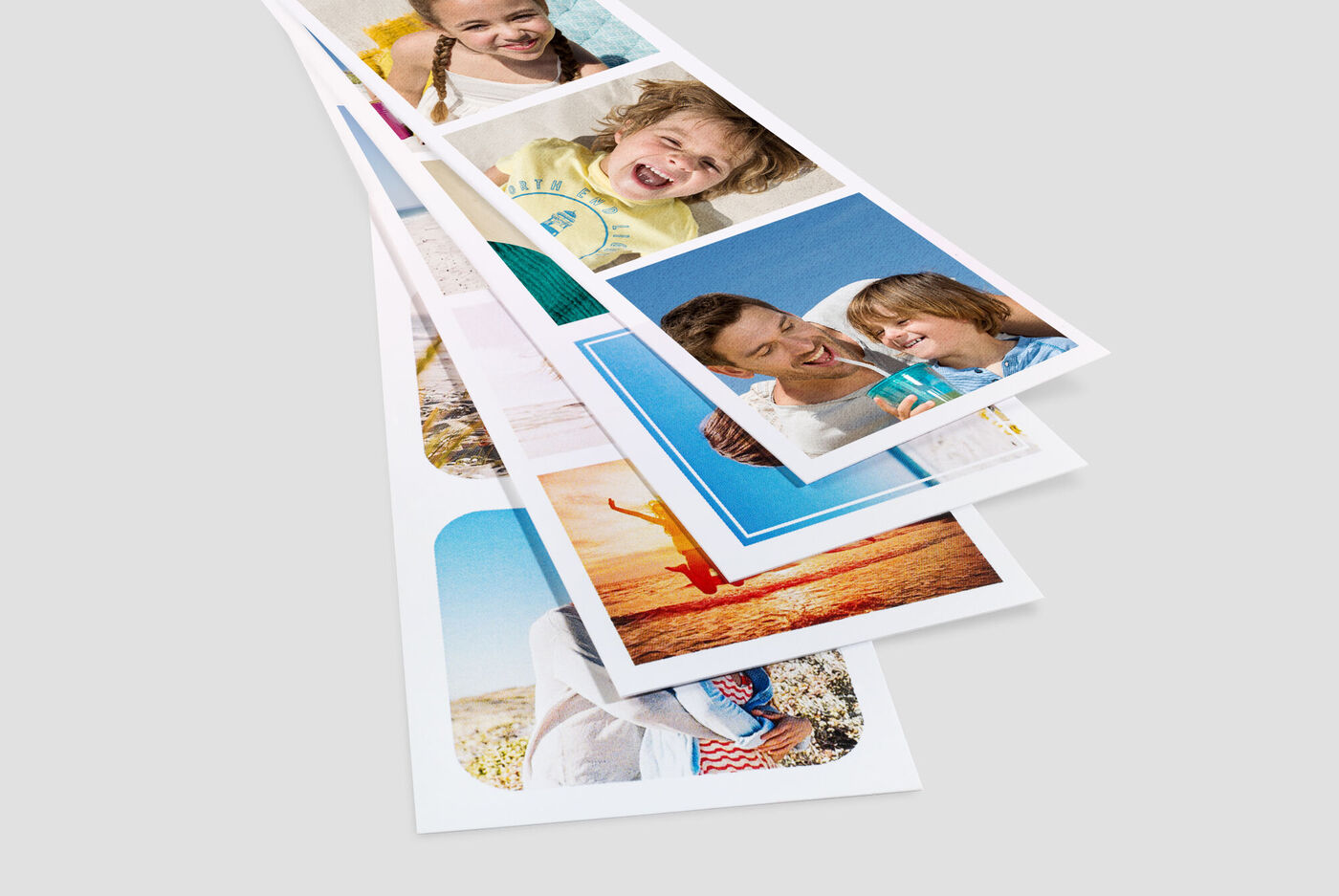 Vista de varias fotos alegres en una pila. Las imágenes muestran niños felices, momentos familiares y recuerdos de vacaciones.