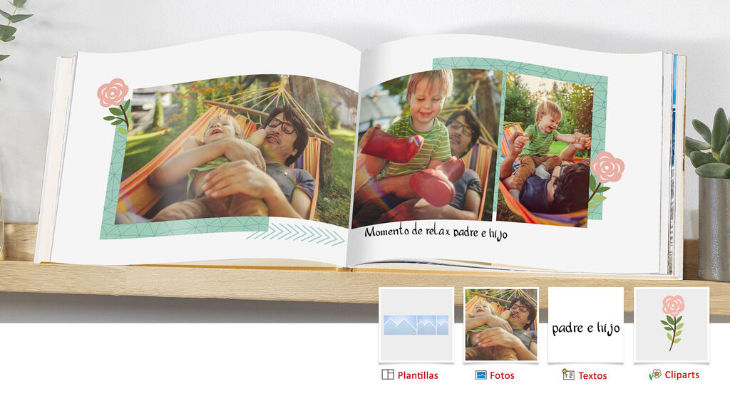 Un momento cariñoso entre un padre y su pequeño en el jardín, ambos sonríen mientras descansan en una hamaca.