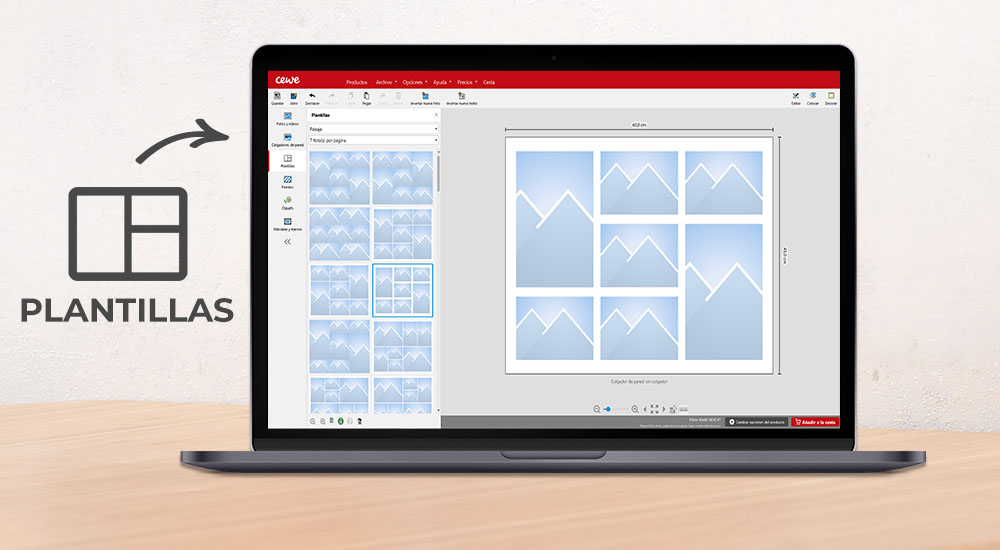 Usuario viendo el diseñador de álbumes CEWE en la pantalla de un portátil. La interfaz muestra varias plantillas con fotos de montañas.