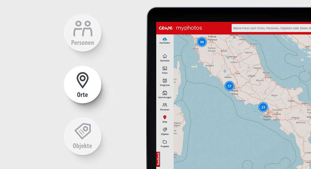 Una interfaz de CEWE myphotos con un mapa que muestra varios lugares en Italia
