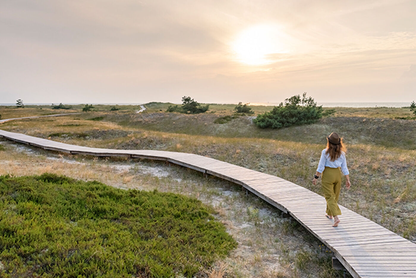 Mujer caminando por una pasarela de madera entre dunas al atardecer.