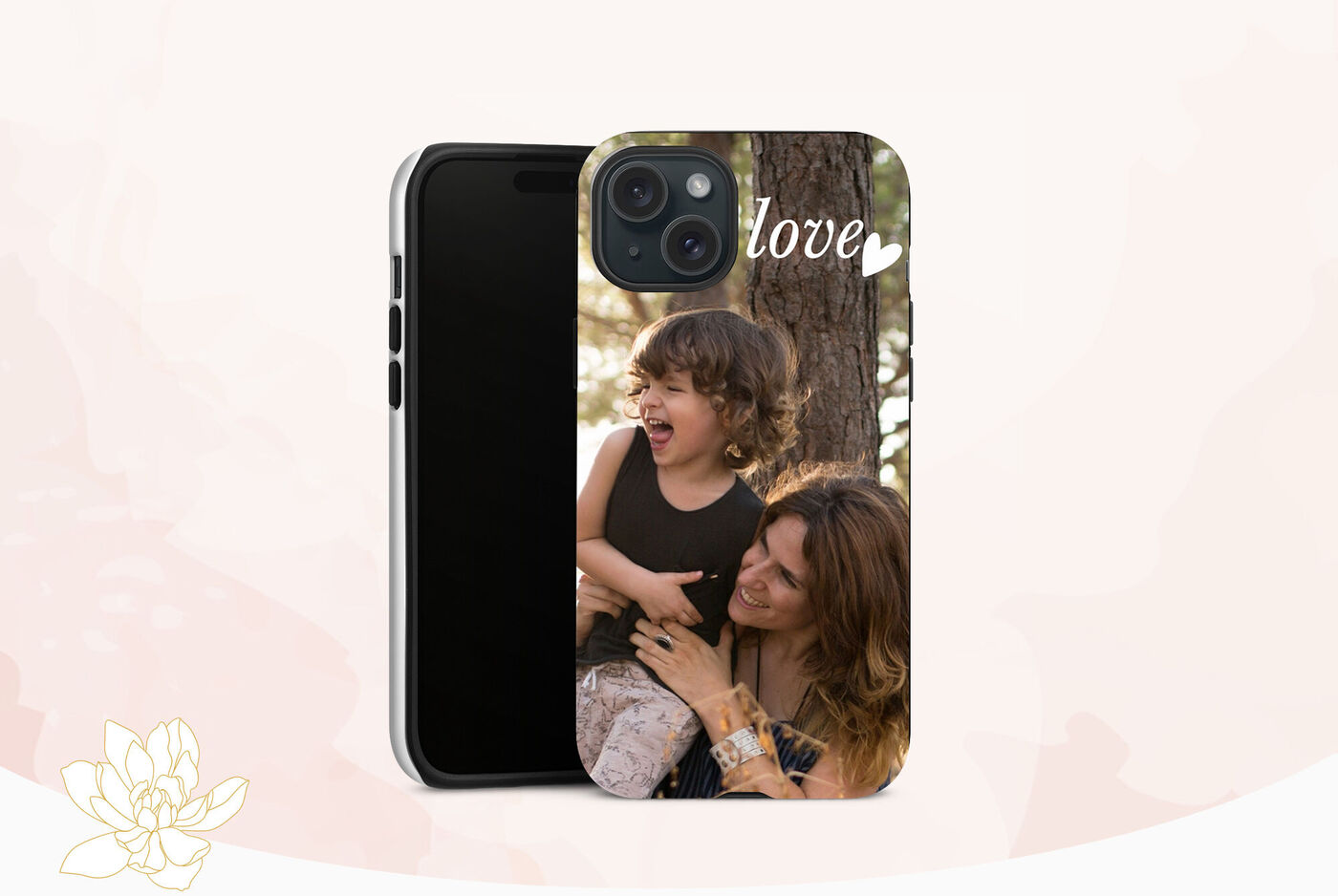 Una madre cariñosa con su hijo en un diseño de móvil que muestra la palabra 'amor'.