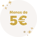 Texto dorado "Menos de 5 €" sobre fondo claro con estrellas