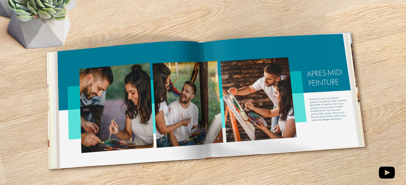 Un libro de fotos abierto muestra unidades creativas de pintura. Niños y adultos pintan felices en una mesa.