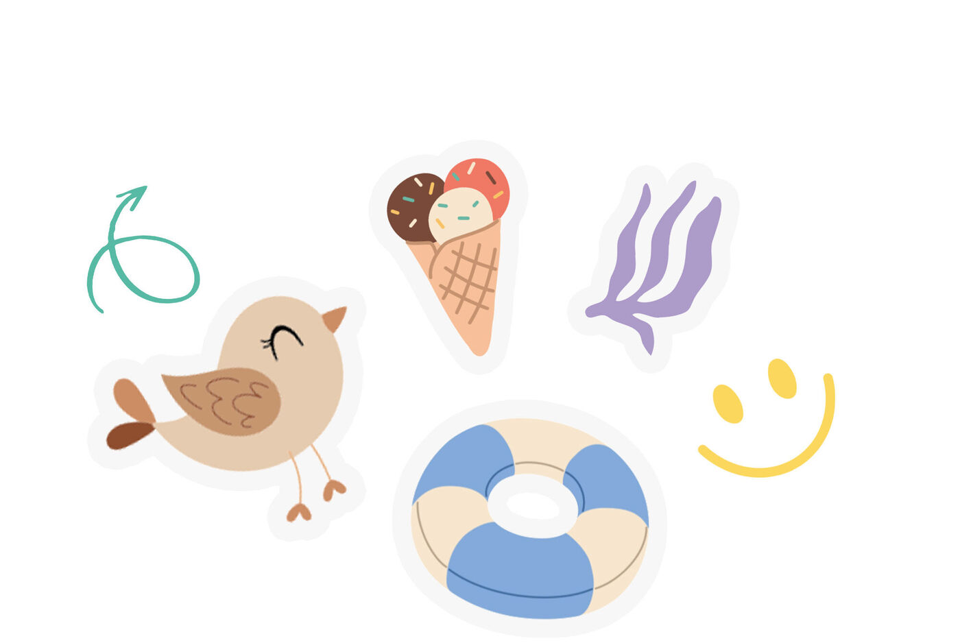 Ilustración con diferentes cliparts como un helado, una sonrisa...