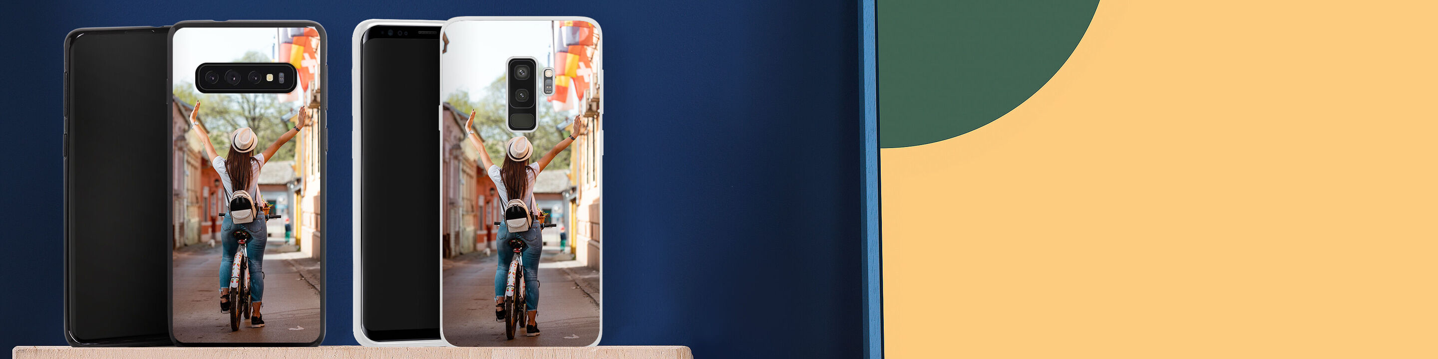 Dos smartphones con una alegre fotografía de un ciclista en una colorida calle.