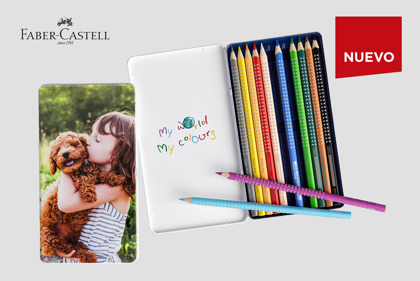 Un set creativo de Faber-Castell con lápices de colores y un cuaderno.