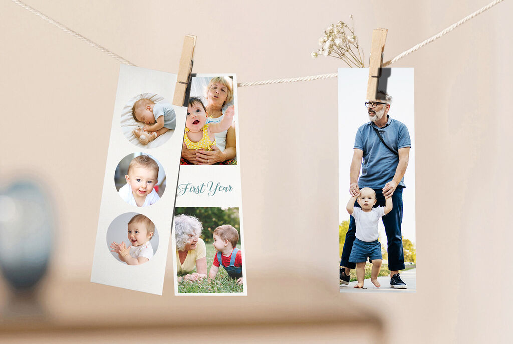 Tres fotos cuelgan de una cuerda. A la izquierda un bebé, en el medio una mujer feliz, a la derecha un hombre con un niño.