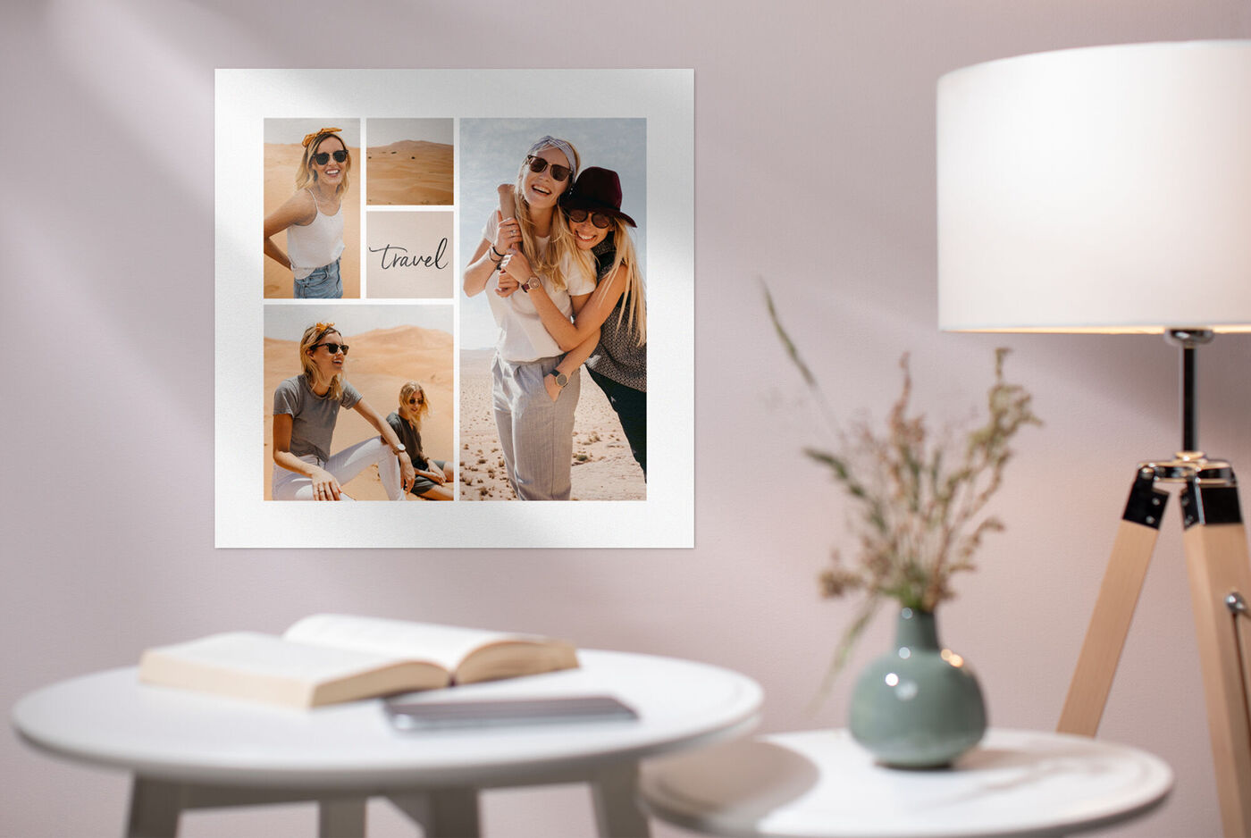 Cuadro con recuerdos de viaje en varias imágenes, diseño creativo con fotos de personas en la playa y desierto