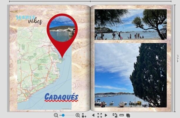 Bonita vista vacacional de Cadaqués con mapa y playa.