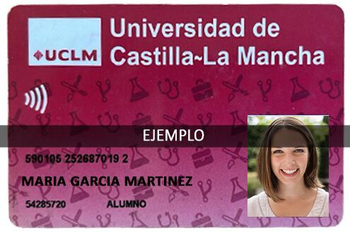 Carnet de la Universidad de Castilla-La Mancha con datos de ejemplo.