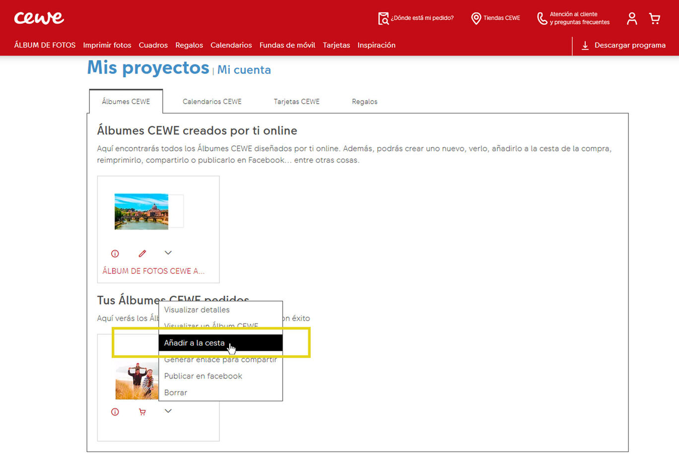 Interfaz del sitio web CEWE con una vista general de proyectos y opciones para subir imágenes.