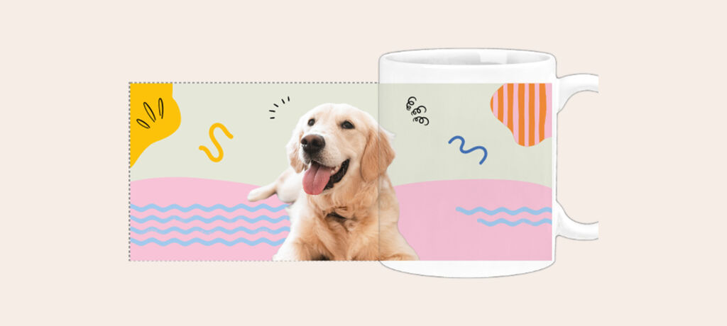 Plantilla creativa para una taza panorámica con un perro de fondo y colores vivos.