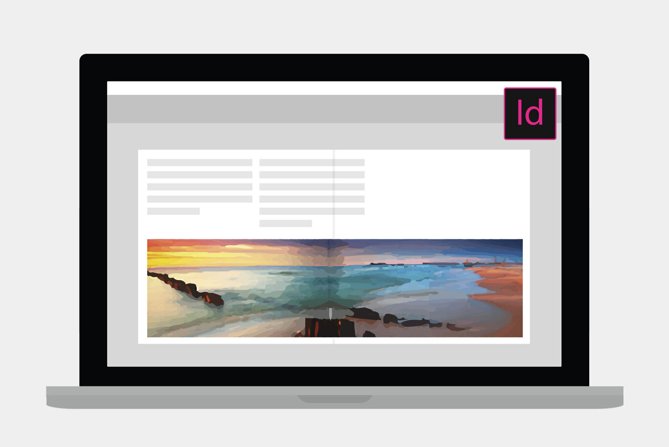 Un portátil muestra una vista creativa de un CEWE Fotobuch con coloridos motivos de viaje.