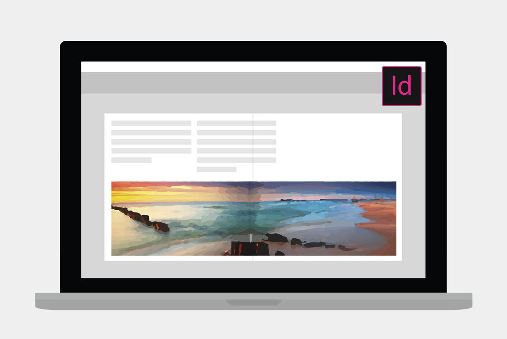 Un portátil muestra una vista creativa de un CEWE Fotobuch con coloridos motivos de viaje.
