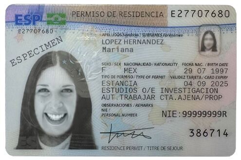 Permiso de residencia español de ejemplo con datos ficticios.