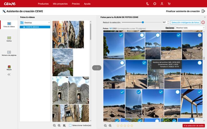 Captura de pantalla del asistente de diseño de fotos CEWE, que muestra la selección de fotos para un álbum.