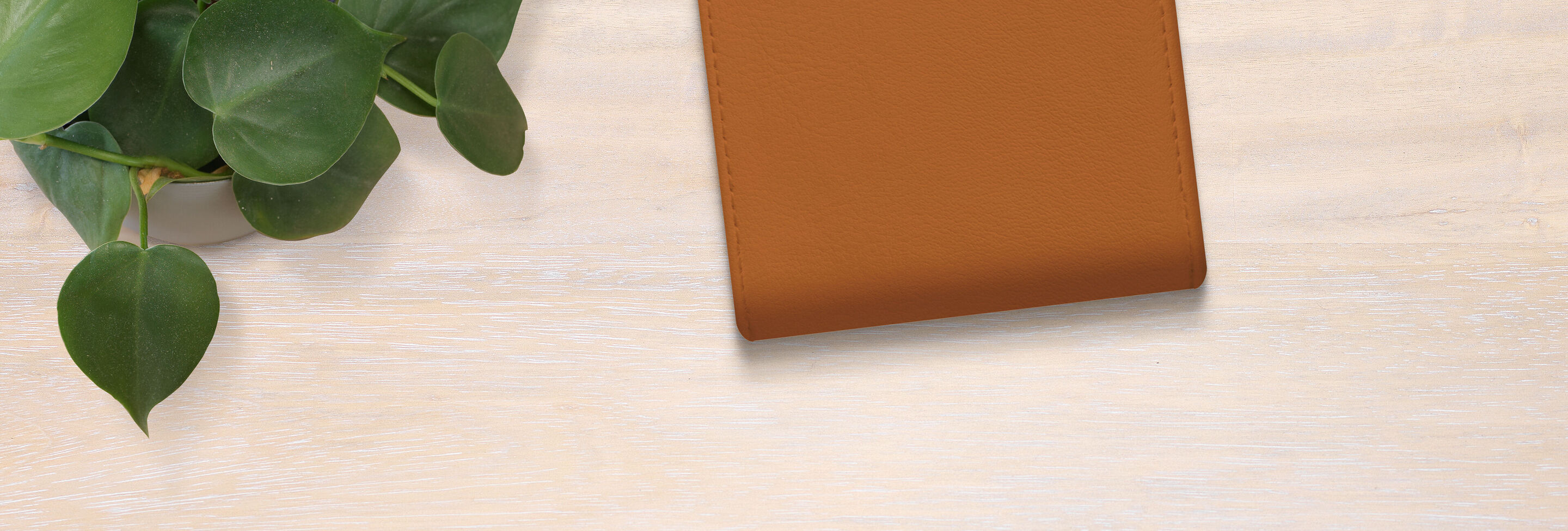 Un cuaderno marrón sobre un fondo de madera clara junto a una planta verde.