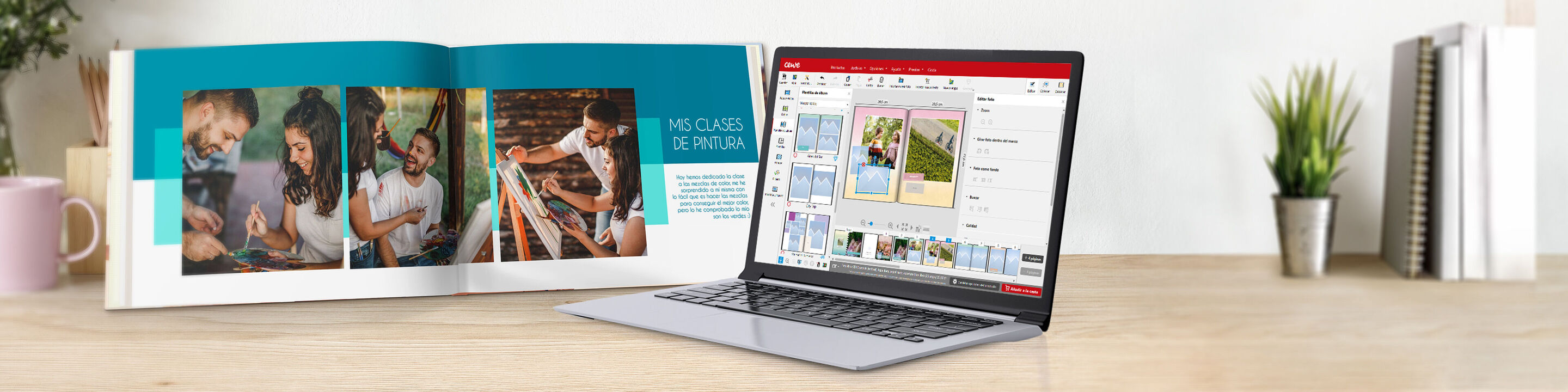 Personas diseñan un CEWE Fotobuch en el laptop.