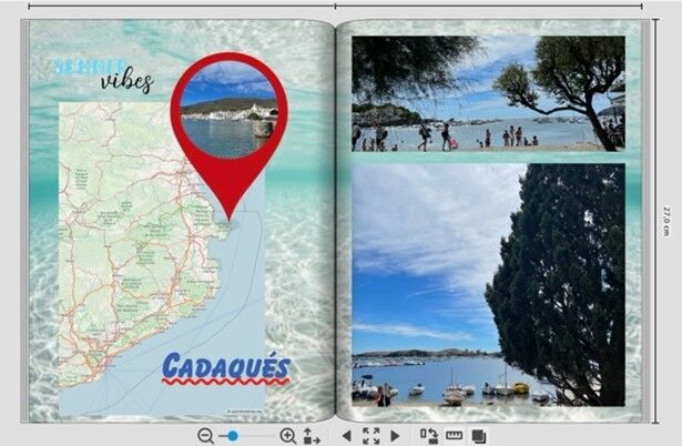 Una bonita página de fotolibro con un mapa de Cadaqués y fotos de la playa y botes.