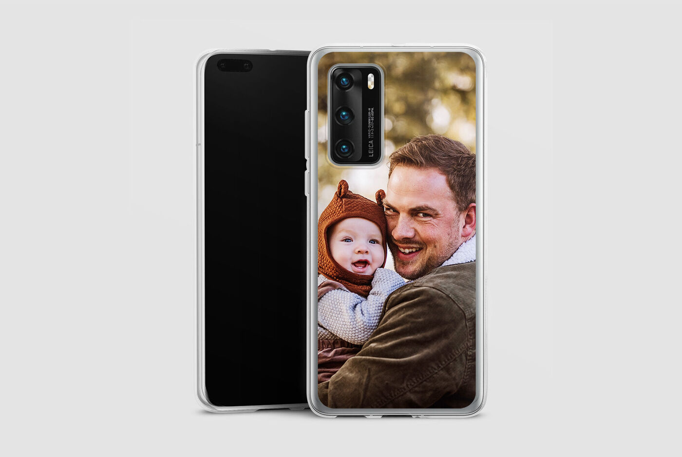 Una funda de móvil de alta calidad muestra una foto amorosa de un padre con su hijo.
