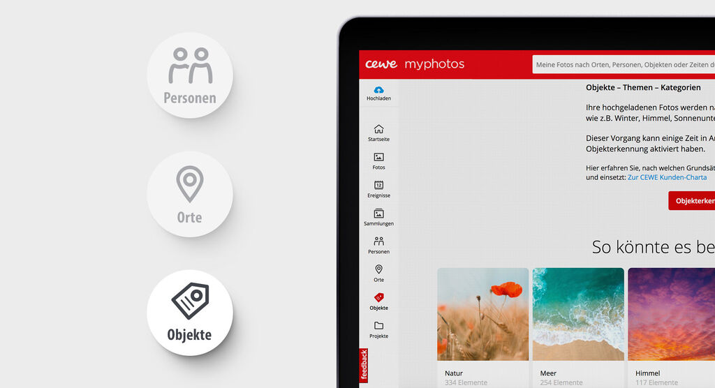 Resumen de la aplicación CEWE myphotos con las categorías personas, lugares y objetos.
