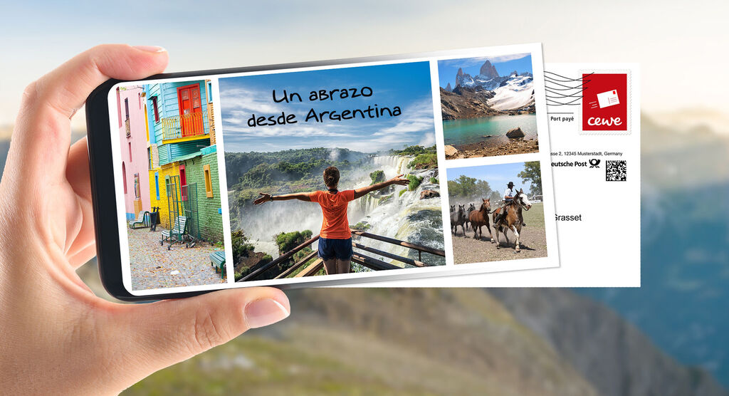 Una mano sostiene un smartphone que muestra una collague de fotos de Argentina, con cascadas y montañas