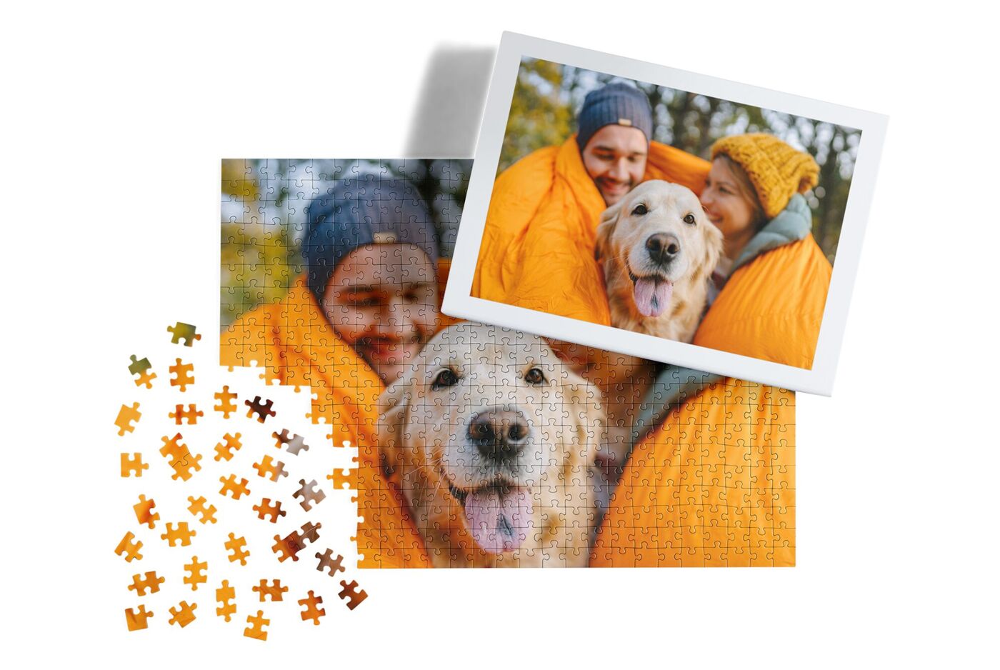 Puzzle personalizado con foto, 500 piezas. El rompecabezas tiene una foto de una pareja con su perro.
