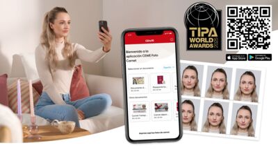 Proceso de toma y gestión de fotos tipo carnet con la app CEWE Foto Carnet, ejemplos impresos y código QR premiado