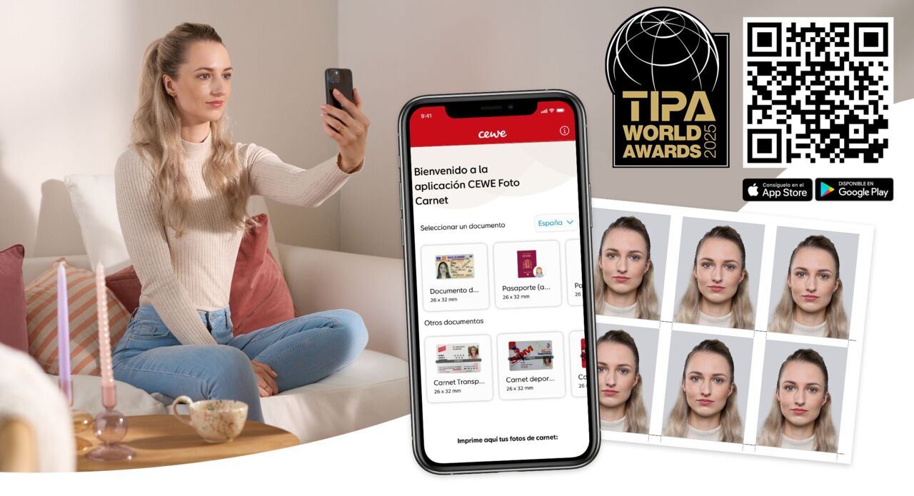 Proceso de toma y gestión de fotos tipo carnet con la app CEWE Foto Carnet, ejemplos impresos y código QR premiado