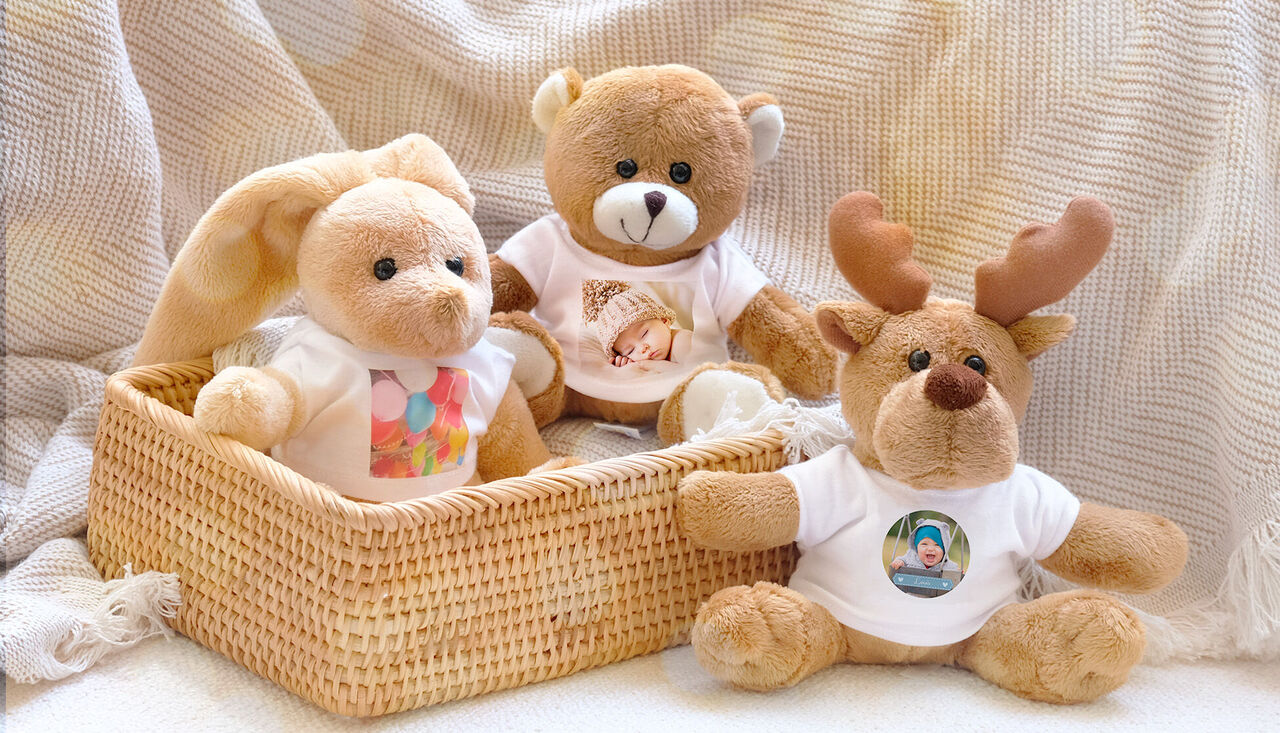 Peluches acogedores en una cesta con camisetas personalizadas que muestran momentos especiales.
