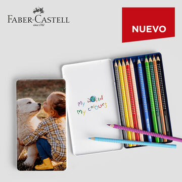 Lápices de colores y un estuche con una foto de un niño, Faber-Castell
