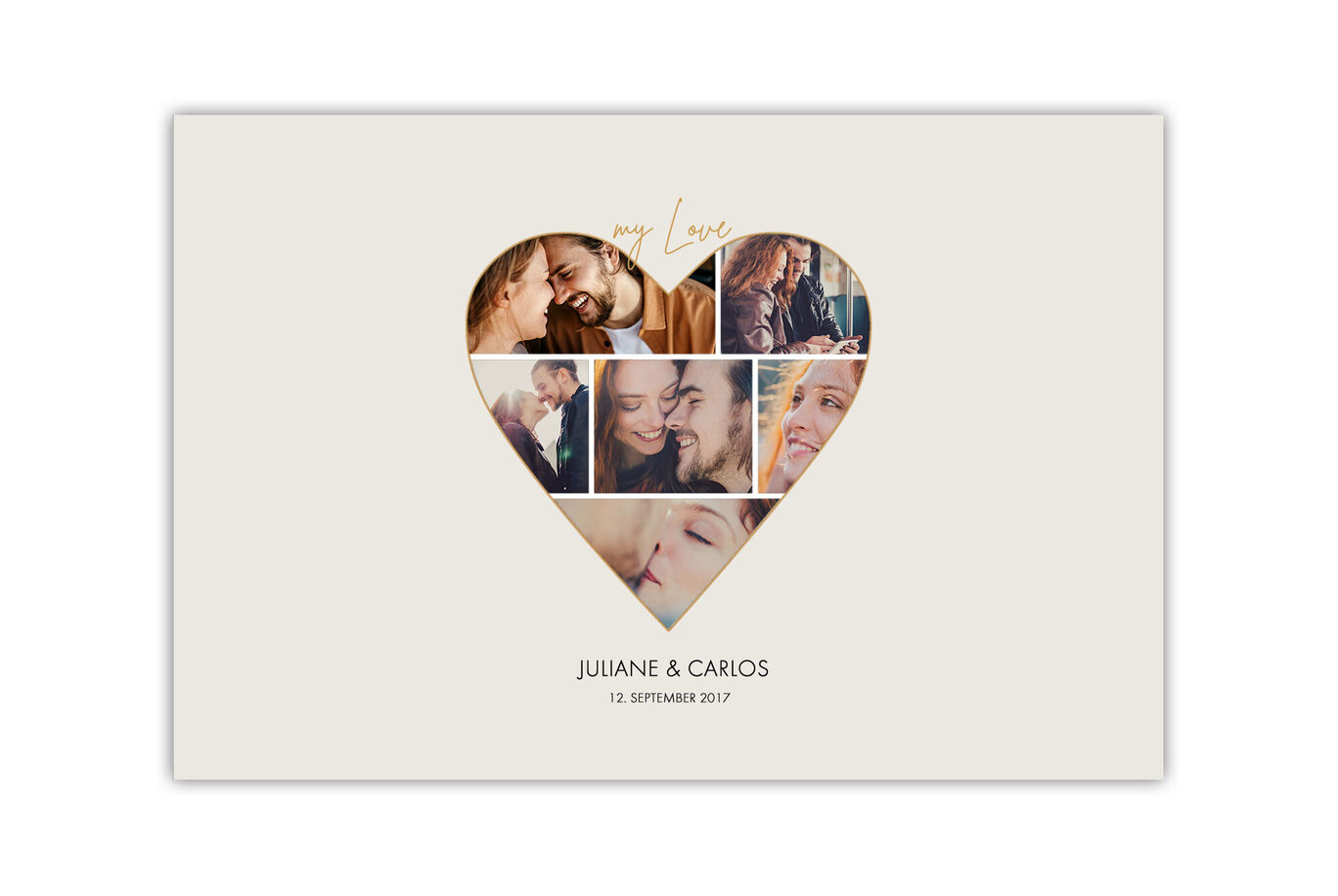 Álbum de bodas con imágenes de Juliane y Carlos, en forma de corazón.