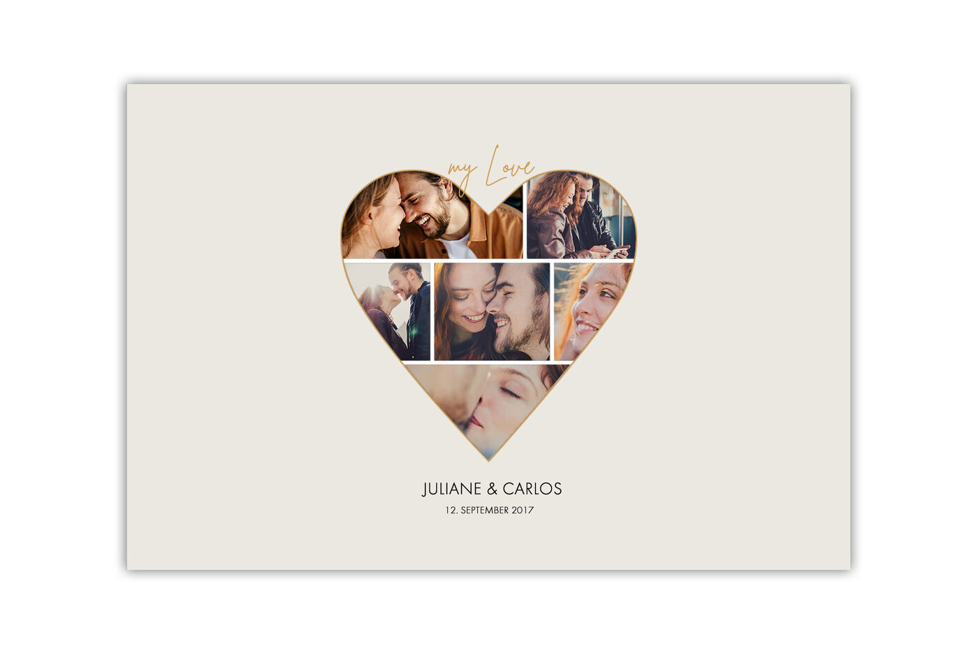 Álbum de bodas con imágenes de Juliane y Carlos, en forma de corazón.