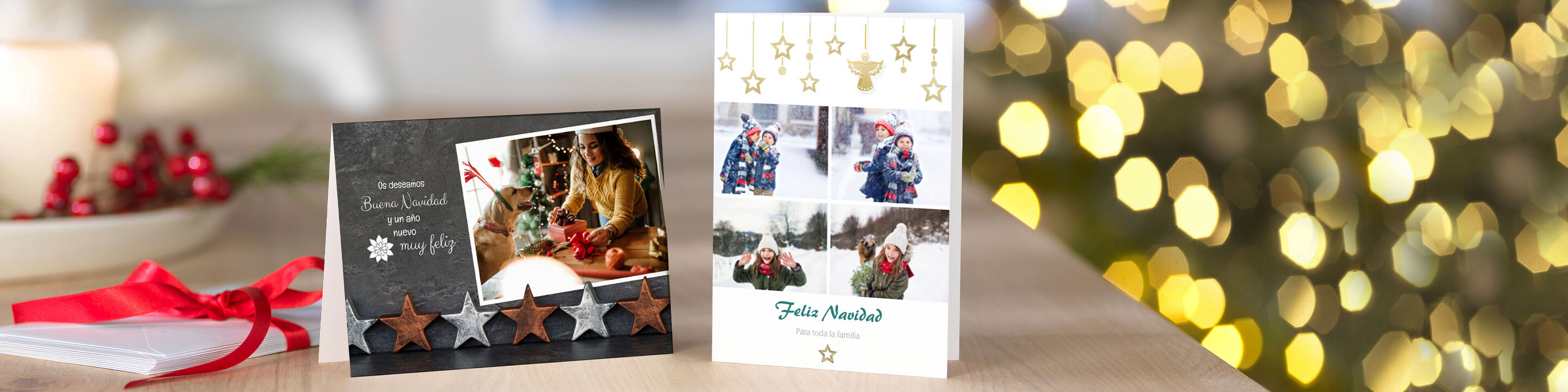 Dos tarjetas festivas con decoración y estrellas doradas sobre un fondo claro.