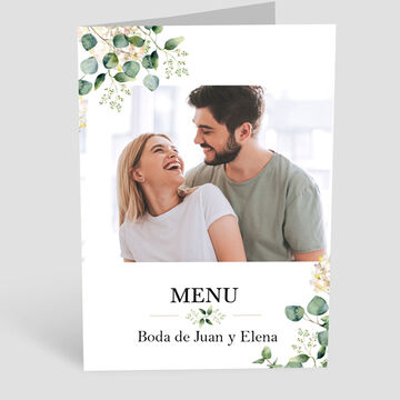 Carta de menú con elementos florales, personalizada para Juan y Elena