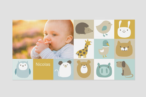 Un encantador diseño con símbolos de animales de colores y un nombre en el centro.