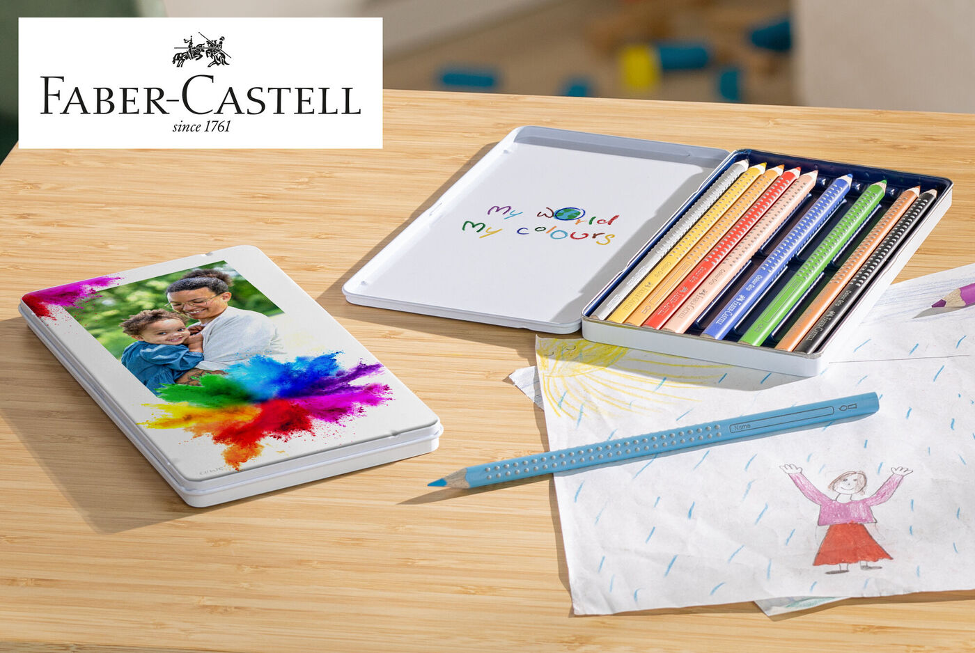 Pinturas Faber Castell con foto incluida en la caja, perfecta para regalar a tu hijo pequeño.