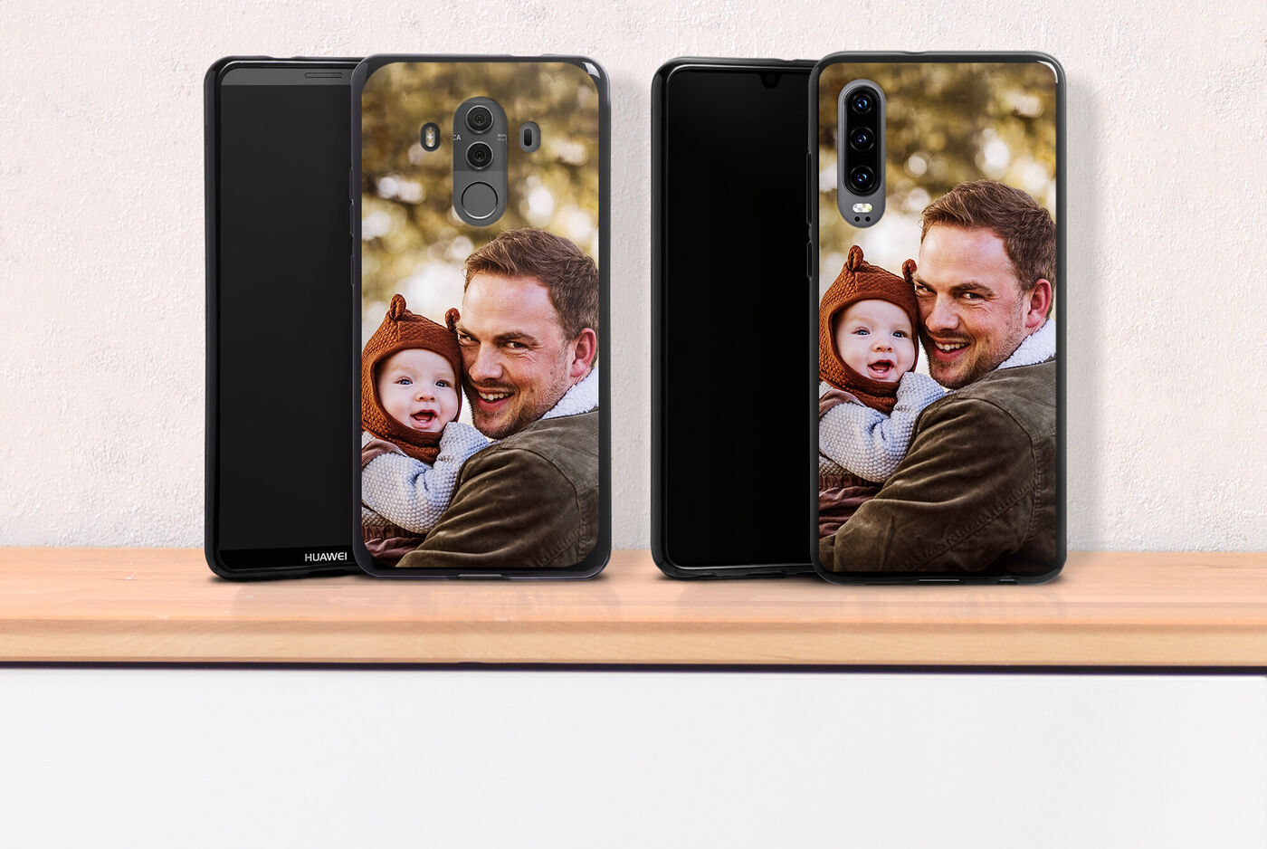 Fundas de teléfono con fotos personales de un padre y un hijo. Las imágenes muestran momentos felices y recuerdos juntos.