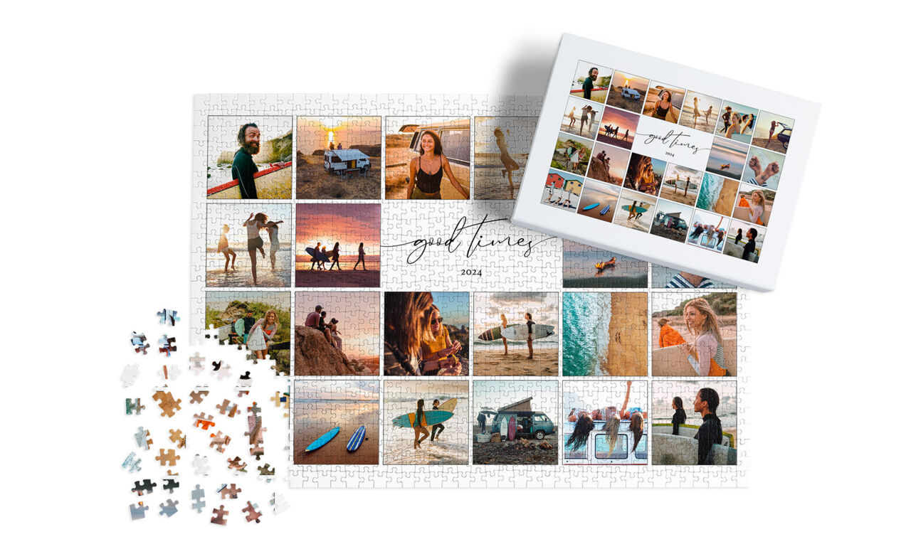 Puzzle personalizado de 1000 piezas con múltiples fotos estilo collage y caja de regalo, a medio armar con piezas sueltas sobre un fondo.