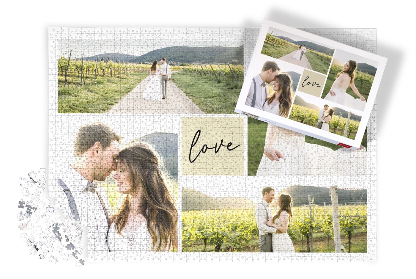 Puzzle personalizado con foto, 2000 piezas. El rompecabezas tiene varias fotos sobre una boda.
