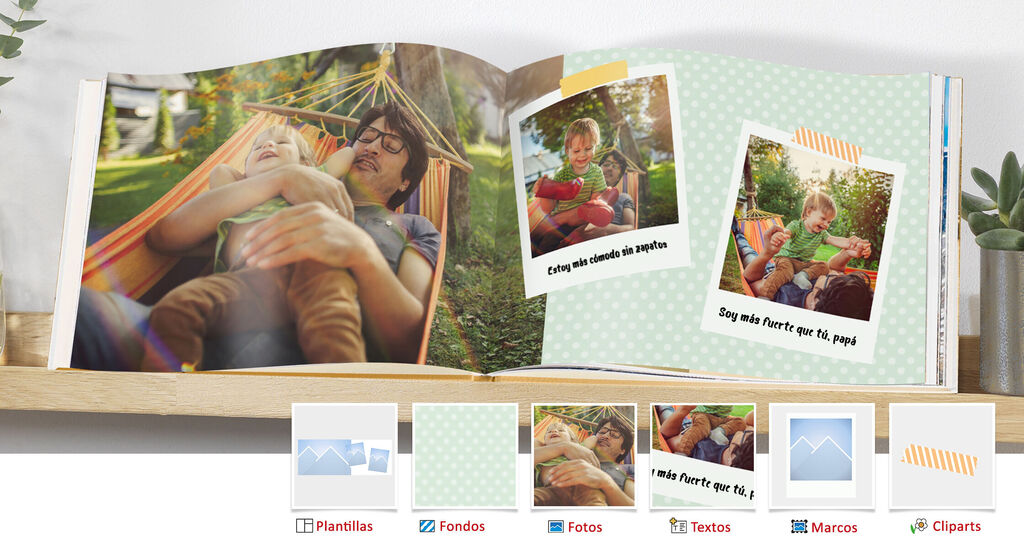 Un álbum CEWE bien diseñado con fotos familiares y recuerdos al aire libre.